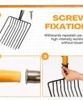 4 Pack 10 Tine Pitch Fork With Long Wooden Handle Heavy Duty Muck Rake showing screw fixation for stability and durability.