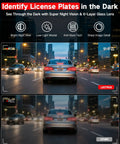 Rear view of a car on a city street at night with 4K Front And 2.5K Rear Dash Cam With Free 64GB Card Included 5.8GHz WiFi.