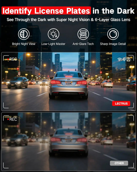 Rear view of a car on a city street at night with 4K Front And 2.5K Rear Dash Cam With Free 64GB Card Included 5.8GHz WiFi.