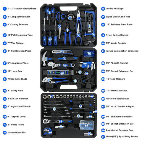 Massive 269 Piece Home And Auto Tool Set With Drawer Box All In One Handy DIY Kit showing tools in a tiered, blue toolbox