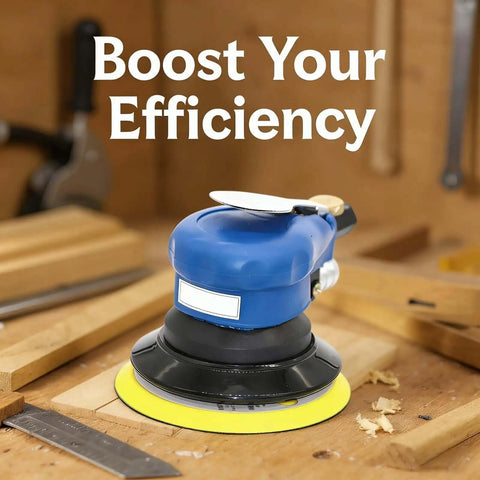 Auto Body Polisher And 5 Inch Palm Pneumatic Orbital Sander For Woodworking, Pro Grade Industrial Power Tool NT 301 on workbench