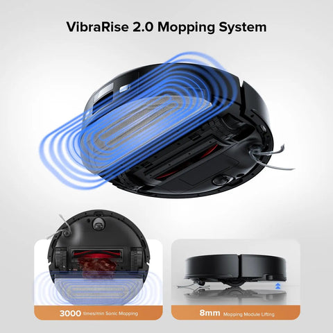 Smart Robot Vacuum and Mop With 10,000 Pa Suction, 70 Days Self Emptying, highlighting Sonic Mopping and Auto Mop Lifting features.