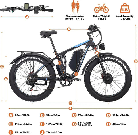 Side view of 6000W Peak Dual Motor Fat Tire Electric Bike for Adults with 52V 32Ah Battery, full suspension, hydraulic brakes, dimensions shown