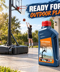 Heavy Duty Weighted Gel For Basketball Hoop Base Replaces 675 Lbs Of Sand Without The Backbreaking Hustle Quick Water Activation Saves Your Back And Makes Yard Setup An Absolute Breeze, 27 oz container next to a basketball hoop.