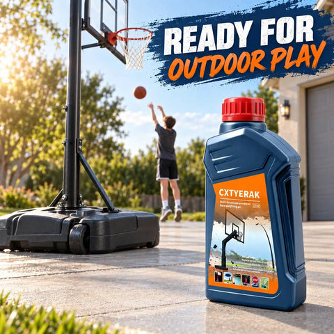 Heavy Duty Weighted Gel For Basketball Hoop Base Replaces 675 Lbs Of Sand Without The Backbreaking Hustle Quick Water Activation Saves Your Back And Makes Yard Setup An Absolute Breeze, 27 oz container next to a basketball hoop.