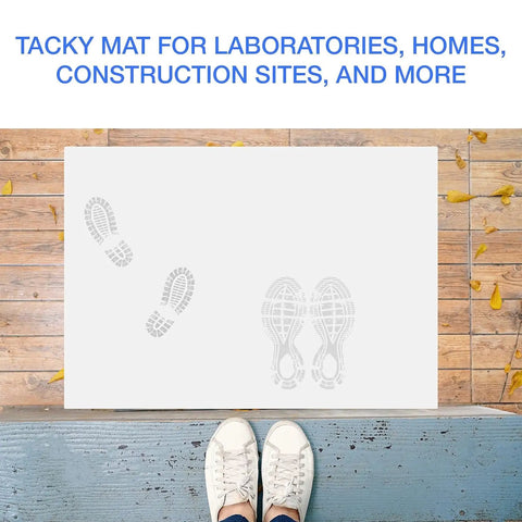 Rock Solid Adhesive Floor Mats 4 Pack Grip Tight Cleanroom Traps With Peel Back Tack Sheets For Construction Sites near shoe prints on a clean surface.