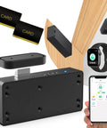 Smart Cabinet Lock With Multi Access Hidden RFID Keyless Bluetooth Lock for drawers and cabinets, shown with app, RFID cards, iWatch