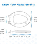 Built Tough Elongated Toilet Seat Made From Heavy Duty Polypropylene For Crack Resistant Durability And No Nonsense Standard Close Function In Classic White Finish dimensions and measurements diagram.