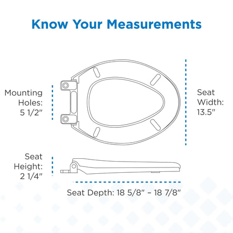 Built Tough Elongated Toilet Seat Made From Heavy Duty Polypropylene For Crack Resistant Durability And No Nonsense Standard Close Function In Classic White Finish dimensions and measurements diagram.