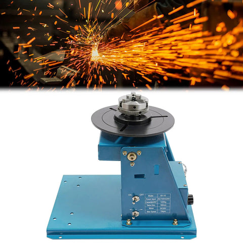Heavy Duty Welding Positioner Turntable 22.05 Lbs 110V Portable Welder Positioner With Chuck And Foot Switch For Precise Clamping, Grinding, Cutting And Assembly Tasks In Any Shop. Blue metal welding turntable with chuck, 180mm table, and slanted base