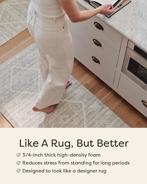 Anti Fatigue Standing Mat For Kitchen And Home Office Use With Three Quarter Inch Ergonomic Bounce Back Foam Cushioned Floor Mat For All Day Comfort While Cooking Or Standing Desk Sessions In Warm Fawn Brown 30 By 72 Inches in kitchen with person standing