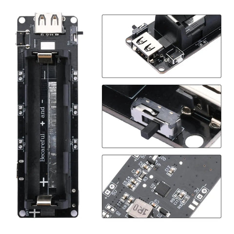 Close-up of 2 Pack 18650 Battery Holder Power Bank Module Micro Usb Cable Lithium Backup Shield circuit interior and connectors.