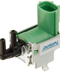 VSV Vacuum Switching Valve 001 Green Housing Silver Frame For Toyota 4Runner T100 Tacoma OE Replacement Direct Fit Plug And Play Compatible With ECM Control Engine Management Systems. Close-up view of the green housing and silver frame on a clean white background.