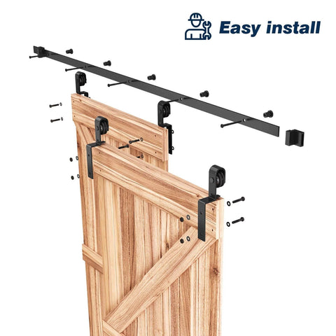Heavy Duty 8 Ft Bypass Double Sliding Barn Door Hardware Kit With Single Track For 53 Inch Wide Doors shown in easy install view
