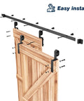 12 Ft Single Track Bypass Sliding Barn Door Hardware Kit Featuring Heavy Duty Black Powder Coated Aluminum Track With Precision Ball Bearings That Slide Like Butter for a Flawless Smooth Operation and Stylish Look, showing components, easy install.