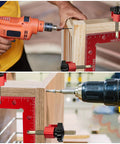 Pro Grade Aluminum Corner Clamps for Woodworking ensuring 90 degree right angles during cabinet assembly with a drill