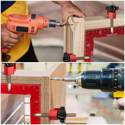 Pro Grade Aluminum Corner Clamps for Woodworking ensuring 90 degree right angles during cabinet assembly with a drill