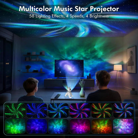 Children enjoying colorful auroras from Galaxy Projector Night Light With Music Sync And White Noise 9 Sounds Timer And RF Remote 4 Color Modes