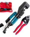 Hydraulic Crimping Tool For Cable Railing Kit With Wire Cutter Beefed Up Swaging Tool For One Eighth Inch Stainless Steel Cable T316 Hardware Dies Deck Railing Installation CR09 CK12 Compatible in use with red carrying case.