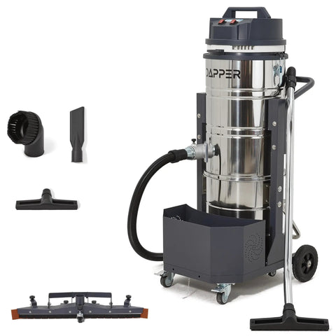 Heavy Duty Industrial Wet Dry Vacuum With Dual Motors 3.3 HP Delivers 222 CFM And 76 Inch Water Lift 27 Inch Squeegee 120V 20A Plug 2 Year Warranty Ideal For Construction Sites Warehouses And Tough Cleanup, stainless steel canister with attachments