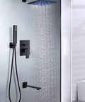 LED Rain Shower System With High Pressure 12 Inch Square Rain Head Handheld Shower Brass Tub Spout Brass Shower Arm Stainless Steel Hose 3 Function Valve Matte Black Bath Faucet Trim Kit Luxury Bathroom Rain Mixer Set installed in a modern bathroom showing water flow from shower head.
