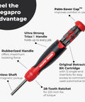 1 Inch 13 In 1 Ratcheting Automotive Driver Bit Set With Pullout Cartridge Red Handle showing features labeled, alloy shaft