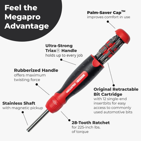1 Inch 13 In 1 Ratcheting Automotive Driver Bit Set With Pullout Cartridge Red Handle showing features labeled, alloy shaft