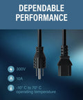 10 Foot Shielded Replacement AC Power Cord NEMA 5 15P To IEC 320C13 Cable for Electronics showing power specs