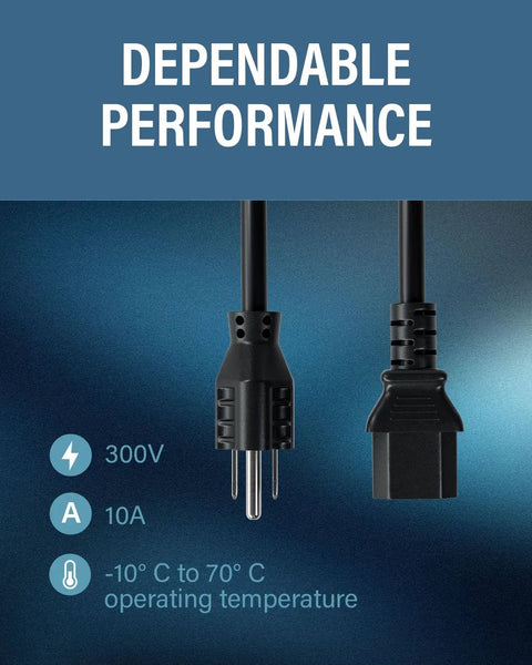 10 Foot Shielded Replacement AC Power Cord NEMA 5 15P To IEC 320C13 Cable for Electronics showing power specs