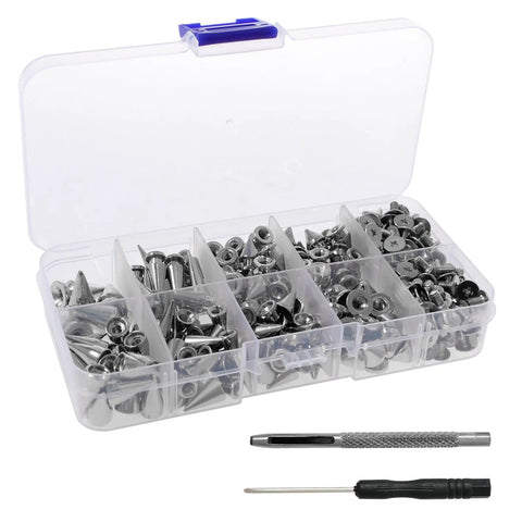 359 Piece Punk Spikes And Studs Kit In Zinc Alloy Silver Cone Spikes And Rivets Eight Sizes For DIY Leather Clothing Jackets Shoes Wallets And Decor Includes Punch And Screwdriver