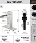 Waterfall Style Bathroom Sink Faucet With Brushed Nickel Finish, Single Handle Control, Pop Up Drain Stopper dimensions