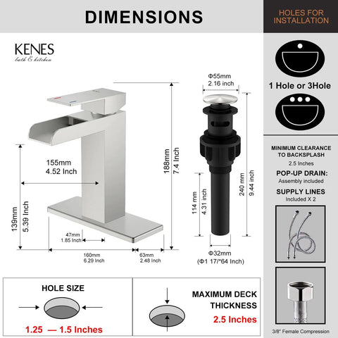 Waterfall Style Bathroom Sink Faucet With Brushed Nickel Finish, Single Handle Control, Pop Up Drain Stopper dimensions