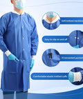 Disposable Lab Coat For Adults Knee Length With Knit Cuffs And Collar, SMS Nonwoven Medical Jacket, Fluid Resistant, Blue, Medium