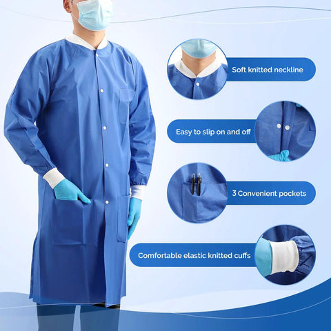 Disposable Lab Coat For Adults Knee Length With Knit Cuffs And Collar, SMS Nonwoven Medical Jacket, Fluid Resistant, Blue, Medium
