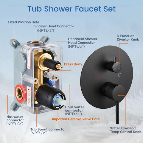 3 Function Rain Shower System With Wall Mount Tub Shower Combo Handheld Spray Tub Spout 10 Inch Rain Head Matte Black Finish For Modern Bathrooms Upgrade Today components close-up and brass body with connectors