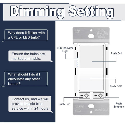 Dimming settings for 2 Pack Dimmer Light Switch Featuring Single Pole And Three Way Circuits smooth sailing flicker control.