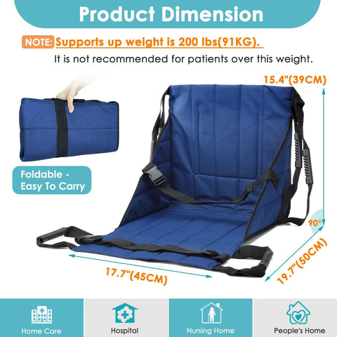 Front view of blue foldable patient transfer mat with four handles for bed-to-chair transfers
