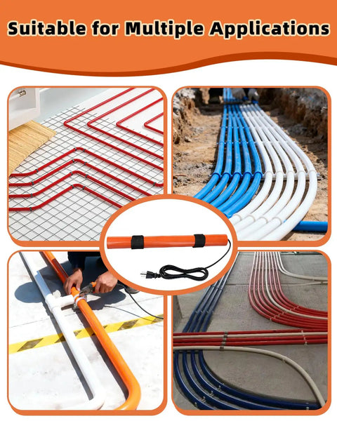 Heavy Duty PVC Heat Blanket For Conduit Bending Up To 1-1/2 Inch shown with multiple pipes in red, white, and blue setting.