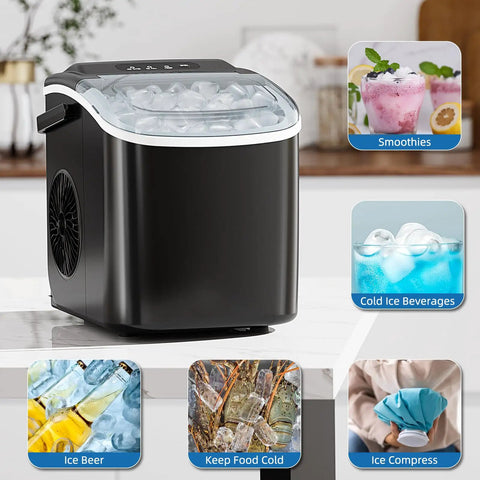 Portable Countertop Ice Maker With Carry Handle For Home Office And Parties, Produces About 26 Lbs Of Ice Per Day, Black unit.