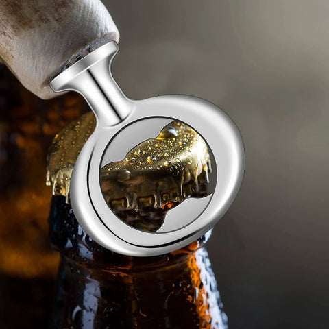 Close-up of silver metal bottle opener blank opening a beer bottle, part of the 15 pcs metal bottle opener blanks kit for wood craft DIY projects bulk inserts 1.5 by 3.25 inches silver finish for beer weddings parties and craft turning.