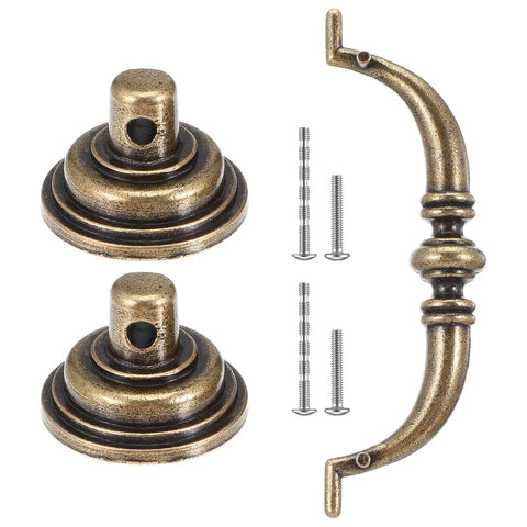 12 Pack Antique Bronze Drop Bail Pulls For Cabinets And Dressers, 3.5 Inch Center To Center, showing handle, bases, and screws