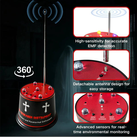 Next Gen Ghost Hunting Equipment With Auto Calibration EMF Detector And Temp Deviation Alerts Pro Grade Adjustable Five Sensitivity Levels on red unit with antenna