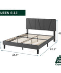 Straight Up Comfy Premium Upholstered Queen Bed Frame Featuring A Bold Asymmetric Headboard And Iron Clad Steel Base For A Seamless Setup Construction, dark grey fabric, dimensions displayed.