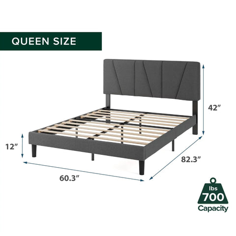 Straight Up Comfy Premium Upholstered Queen Bed Frame Featuring A Bold Asymmetric Headboard And Iron Clad Steel Base For A Seamless Setup Construction, dark grey fabric, dimensions displayed.