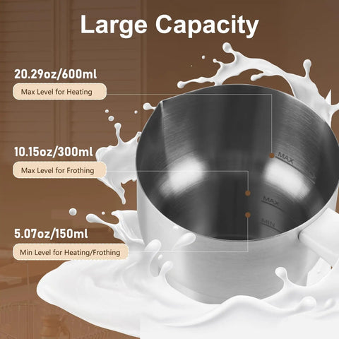 Interior view of All In One Milk Frother And Steamer showing capacity levels at 20.29 oz max line, highlighting detachable base.