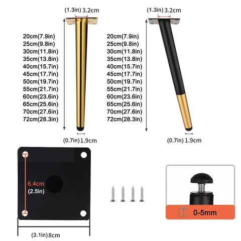 Heavy Duty Adjustable Table Legs Four Pack Rust Resistant Steel Support Feet For Couch Sofa Chair Rising Twenty Six Inches Tall To Elevate Your Setup With Rock Solid Stability And Quick Install with gold and black legs and mounting plate.