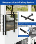 Swageless Cable Railing System with black posts and hardware for patios or stairs, showcasing posts and tension systems.