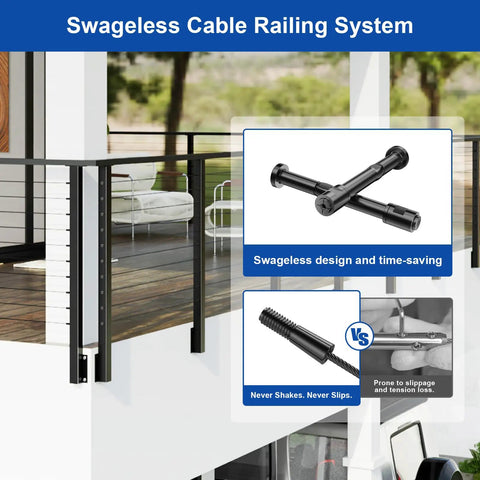 Swageless Cable Railing System with black posts and hardware for patios or stairs, showcasing posts and tension systems.