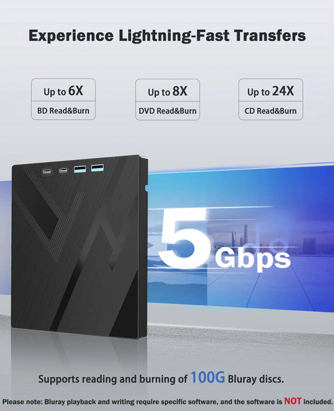 All In One External Blu Ray Drive For Real Fast 100 GB Disc Read And Write Supports Massive 100GB Discs Burn And Backup High Capacity Media Reads Blu Ray Up To 6x DVDs Up To 8x Great For PC Mac And Laptop Use Plug And Play Ready, black USB-C drive