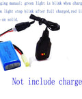 2 Pack 7 4V 1200mAh LiPo Batteries With USB Charger Cables For 1 To 18 Scale RC Trucks Replacement Includes Mini Tamiya Plug And T Plug Adapters For 9310YL 9300 9301E 9302E 9303E 9304E 9305E 9300 on white background with charging instructions